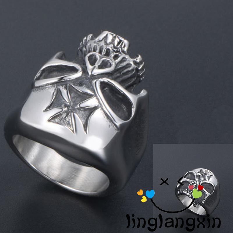 Llx-cincin Titanium Steel Desain Tengkorak Hollow Gaya Punk Vintage Untuk Unisex