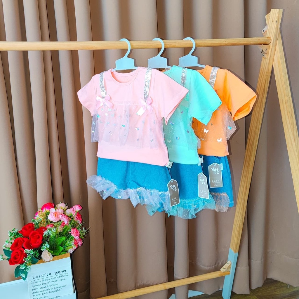 Promo !! Setelan baju anak perempuan / setelan rope furing butterfly hologram ukuran 1-4tahun / Setelan anak import trendy