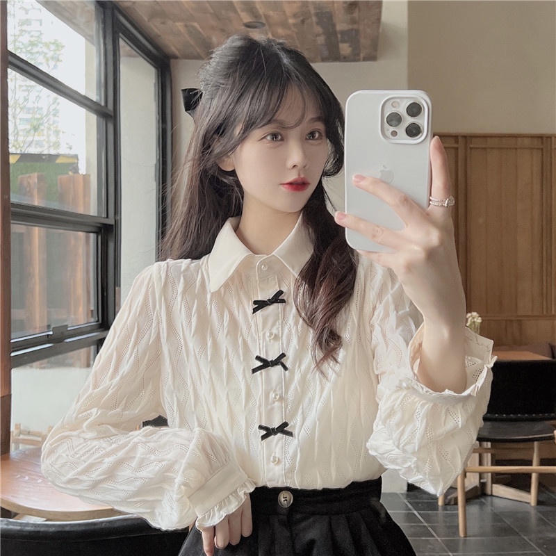 yikoo-Kemeja korea kancing busur elegan shirt blouse wanita atasan