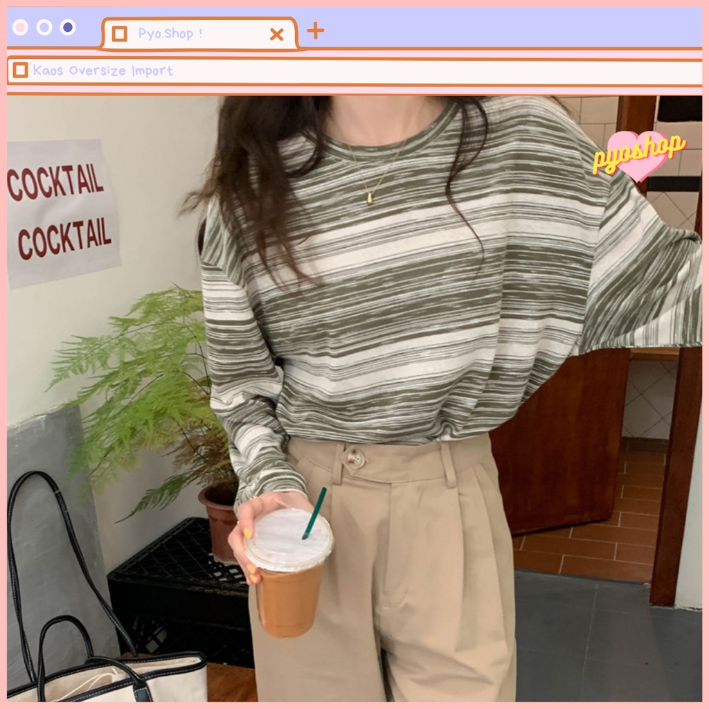 Oversize Tee Tshirt Kaos Import Longgar Motif GARIS LENGAN PANJANG