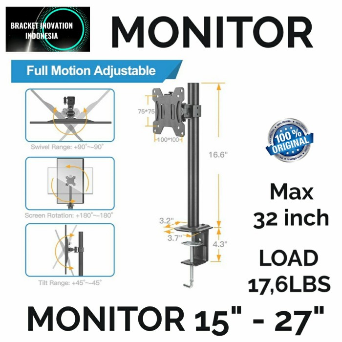 Bracket TV Monitor Led stand Jepit meja 14&quot;-27&quot; Max 32&quot; Adjustable