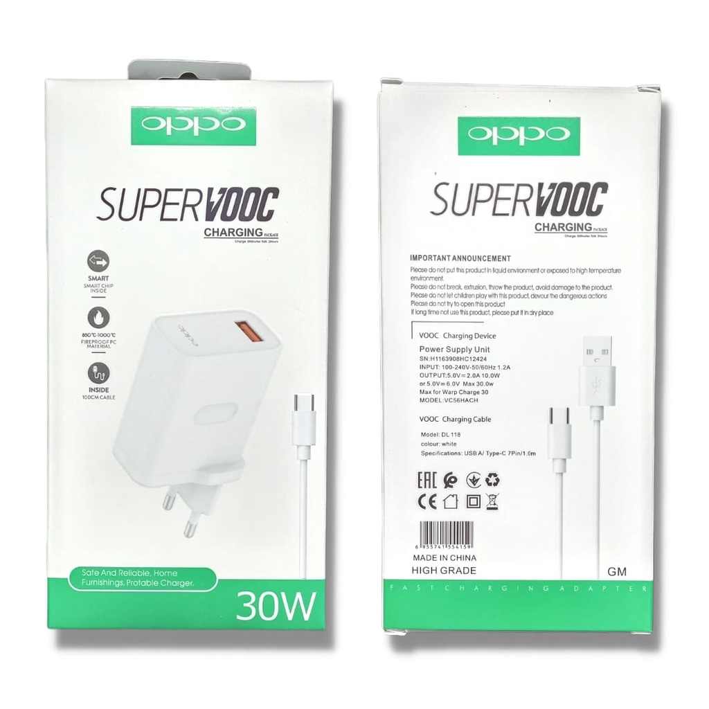 Charger OPPO SuperVooc 30 Watt Fast Charging up to 6A Tipe C Original