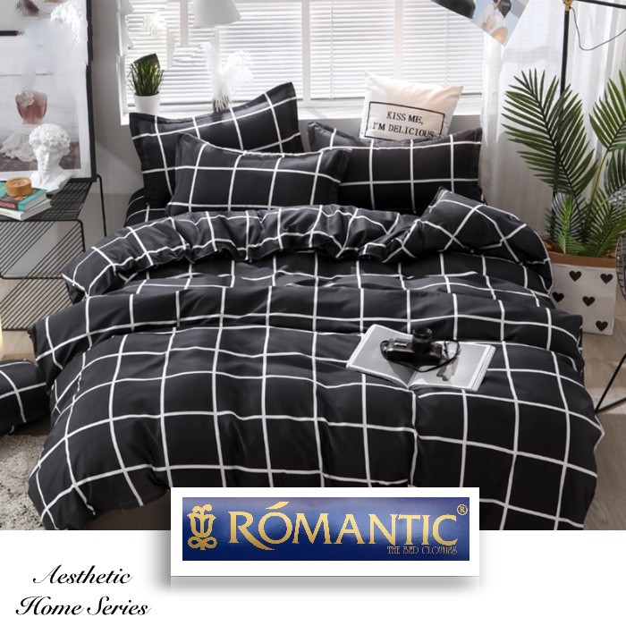 AESTHETIC KOREA series Bedcover sprei by ROMANTIC motif kotak hitam katun jepang minimalis decor