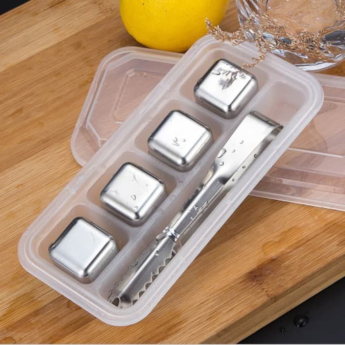 Es Batu Stainless for Wine Vodka Beer / Reusable 4 pcs Ice Cube Stainless Steel + Sendok Capitan