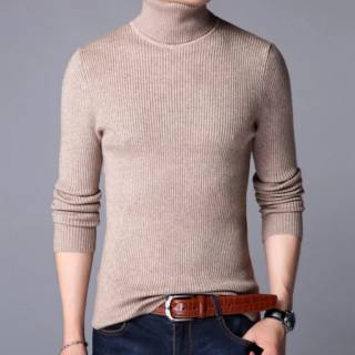  Sweater  Rajut  Pria Kerah Tinggi Motif Jalur Polos  