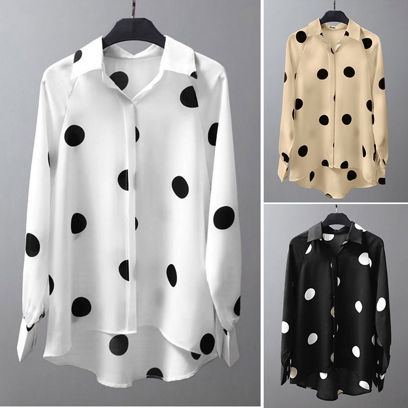 ZANZEA Women Long Sleeve Polka Dots Turn-Down-Collar Button Cuffs Fashion Blouse