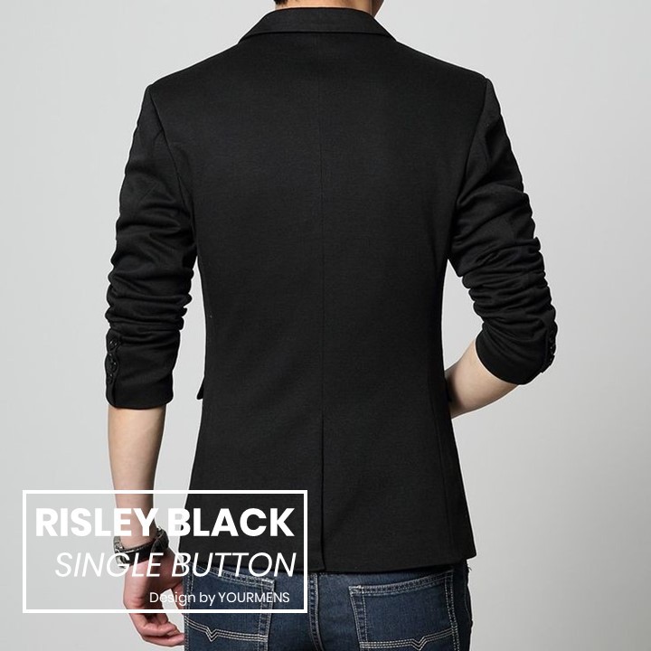 BLAZER SLIMFIT PRIA HITAM NIKAYU RISLEY BLACKSTYLE SINGLE BUTTON HIGH TWIST