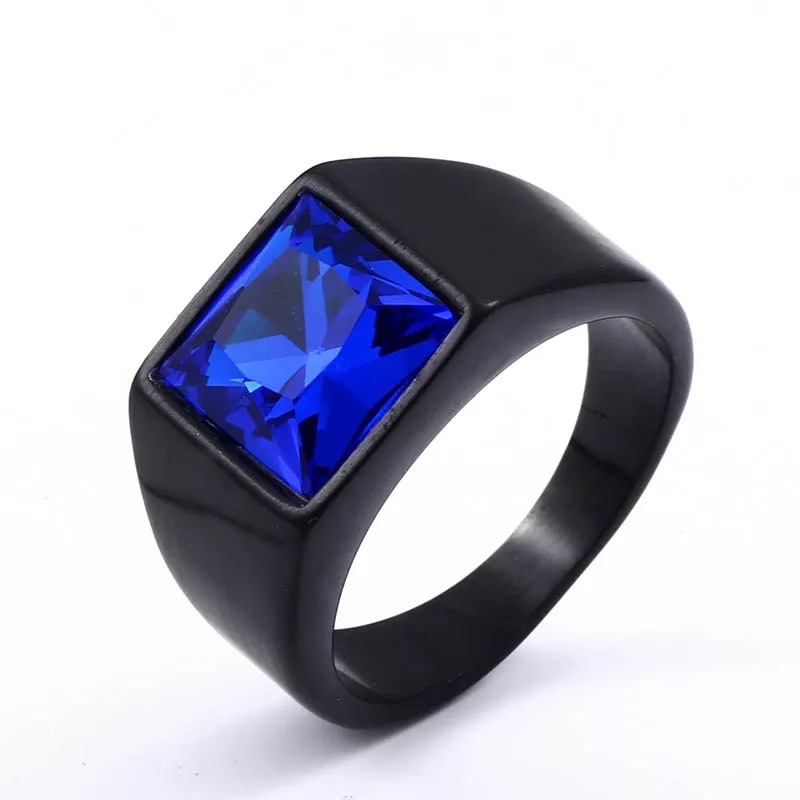 Cincin Blue Saphire Batu Safir Ring Real Titanium Black Gun Platted Anti Luntur dan Karat Minimalis Elegan