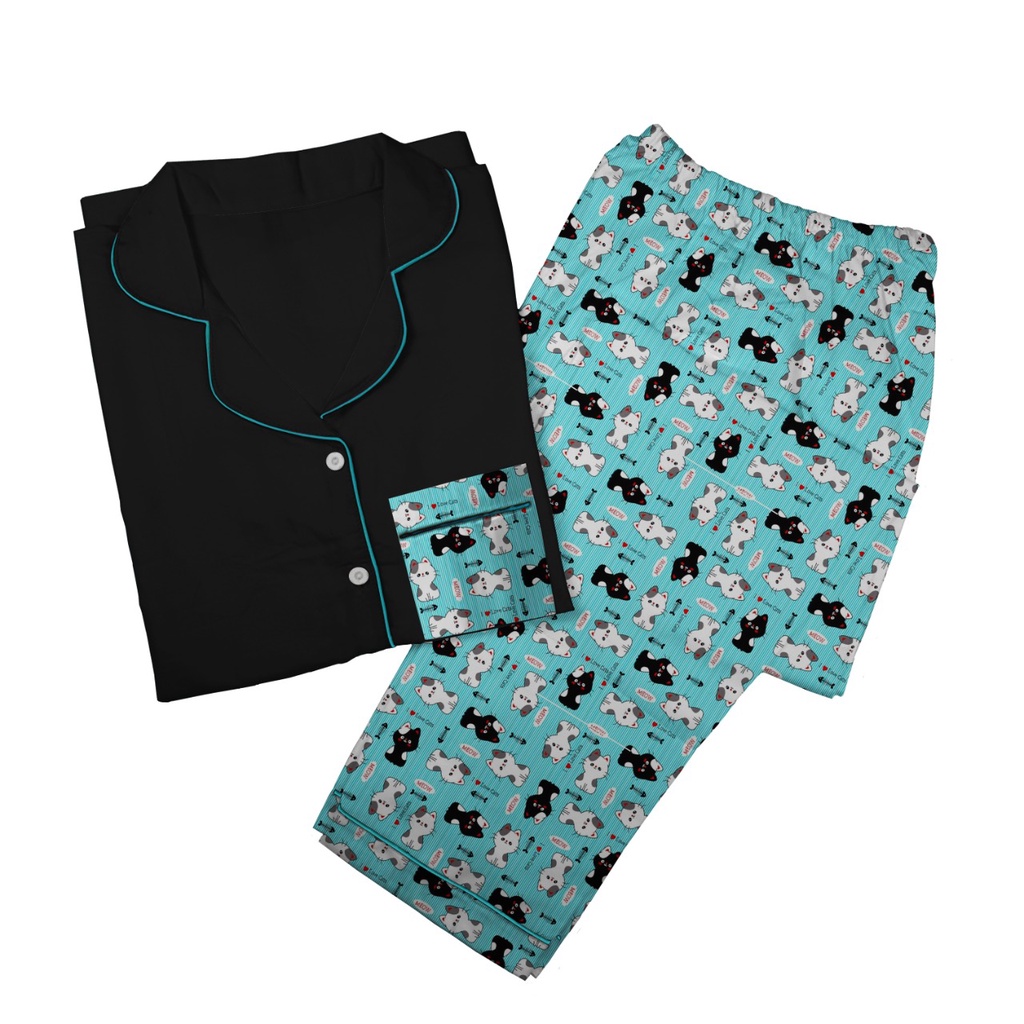 PIYAMA DEWASA JUMBO CP LD 120 cm big size lengan pendek celana panjang lucu-cat black blue 110