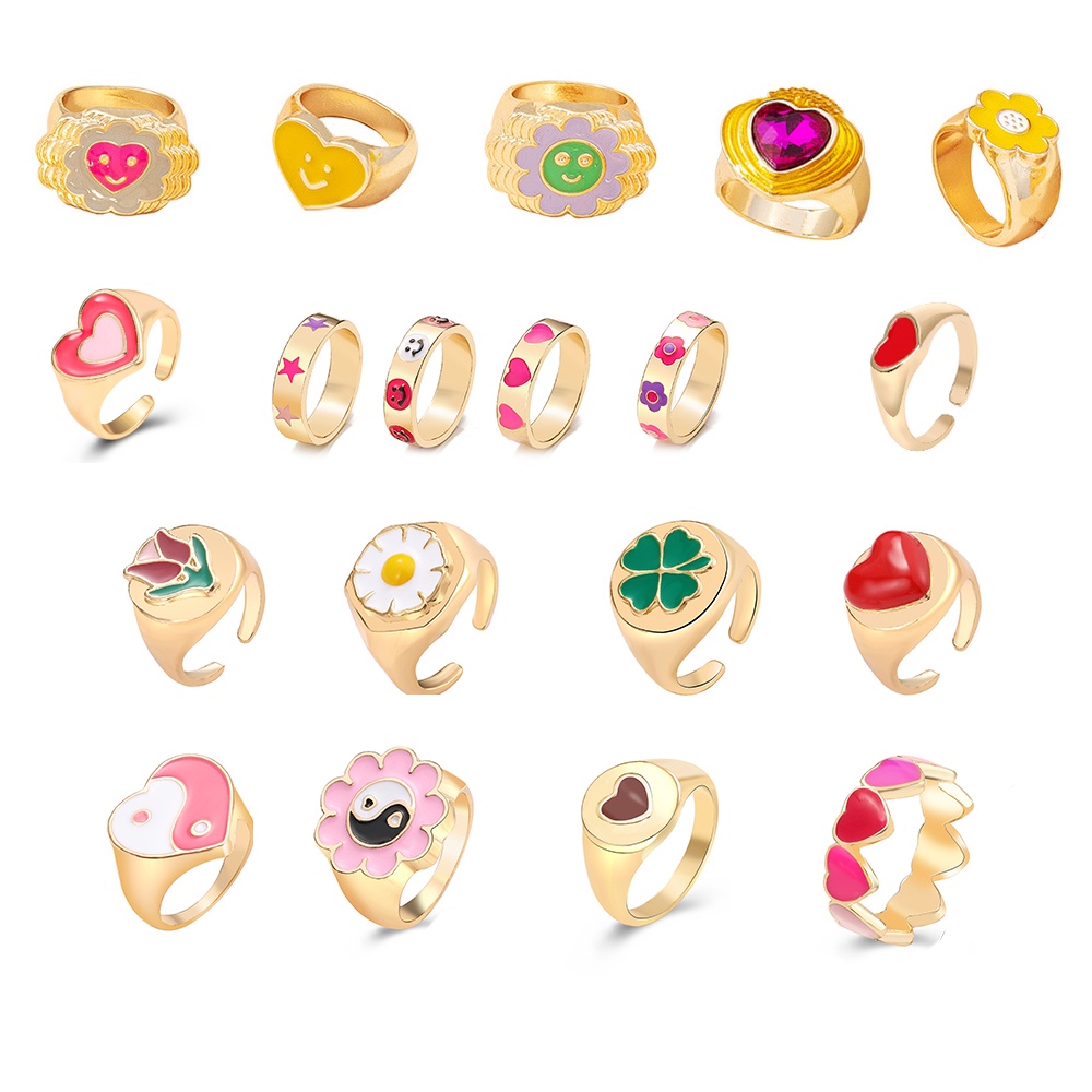 Korean Simple Gold Rings Oil Dripping Vintage Ins Style Heart Shape Colorful Ring for Women Jewelry Fashion Accessories