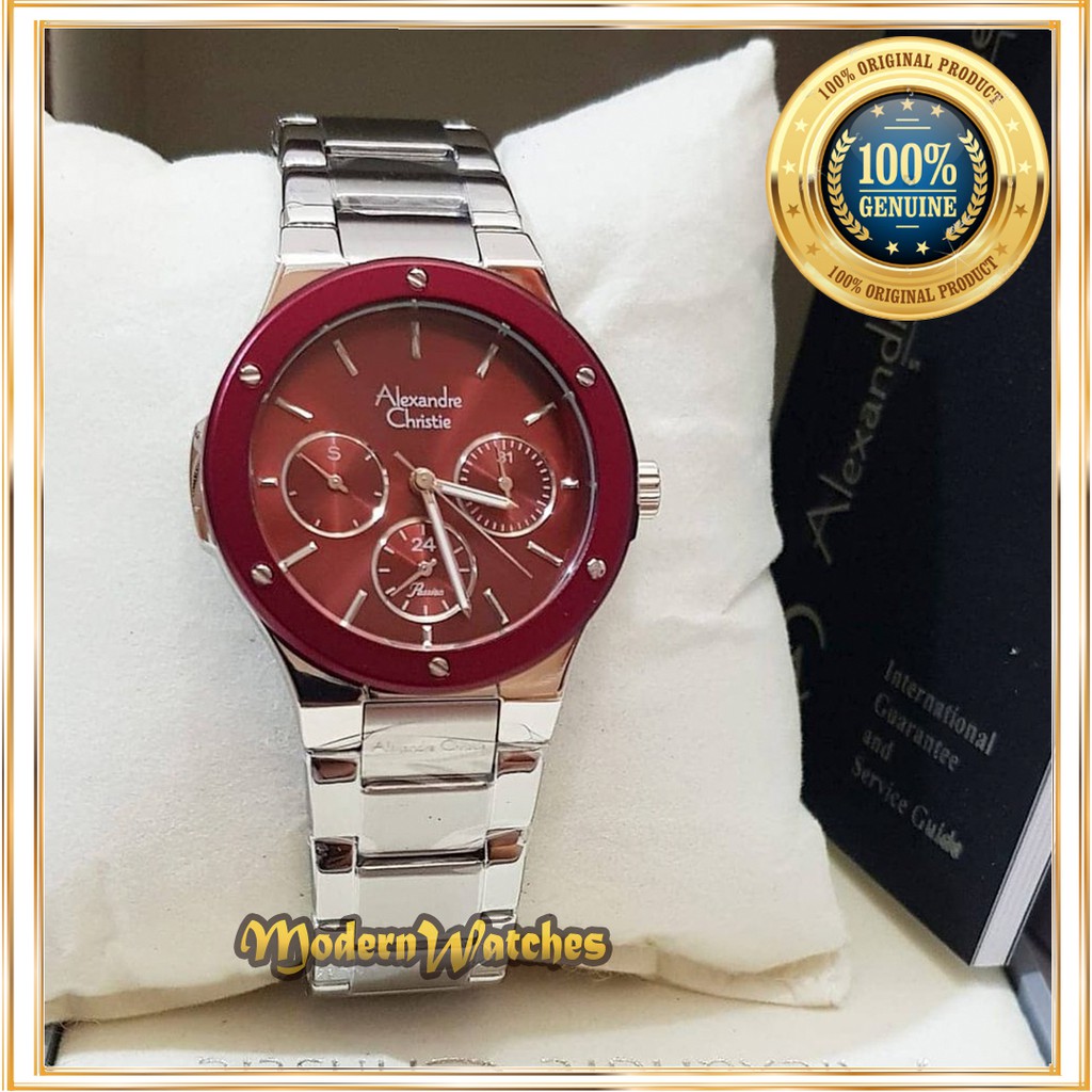 Jam Tangan Wanita Ori Alexandre Christie AC 2913 Silver Maroon Merah Sporty Chrono Aktif Alexander