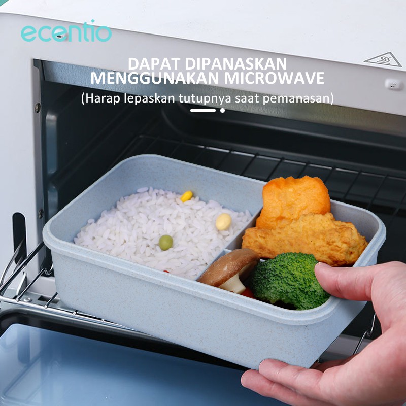 ecentio &amp; FOODI lunch box set Kotak makan Anti Tumpah 3 sekat Jerami Gandum 1000ml/1500ml Tempat makan free sendok&amp;sumpit