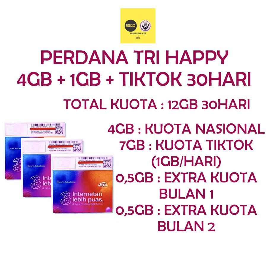 KARTU PERDANA TRI / THREE / 3 HP2 / HAPPY 4GB NASIONAL + BONUS 1GB + TIKTOK 7GB 30HARI