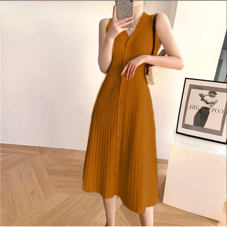 HOPYLOVY Midi Dress Wanita Bahan Rajut Tanpa Lengan Full Button Gemma