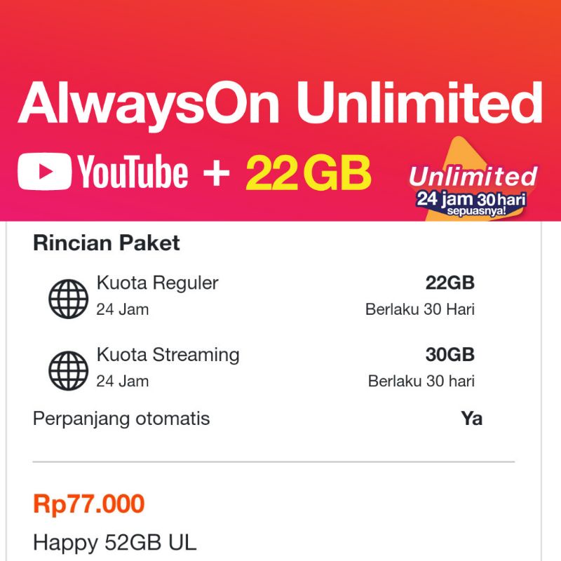 INTERNET TRI 3 UNLIMITED YouTube 52GB Nasional