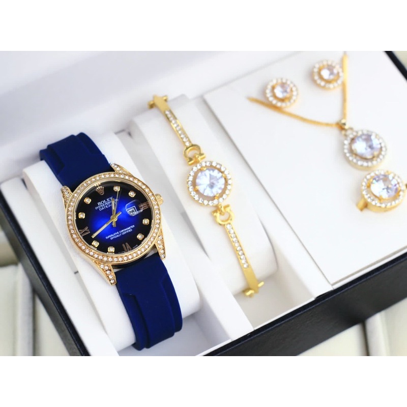 JAM TANGAN WANITA CEWEK ROLEX GIFTSET KALUNG ANTING CINCIN GELANG KADO SET CEWEK GIFTSET CEWEK MURAH