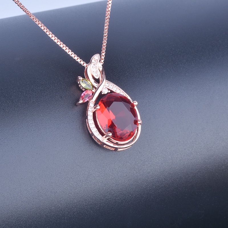 [Ready Stock]Fashion New Inlaid Color Gemstone Pendant 18K Rose Gold Plated Necklace