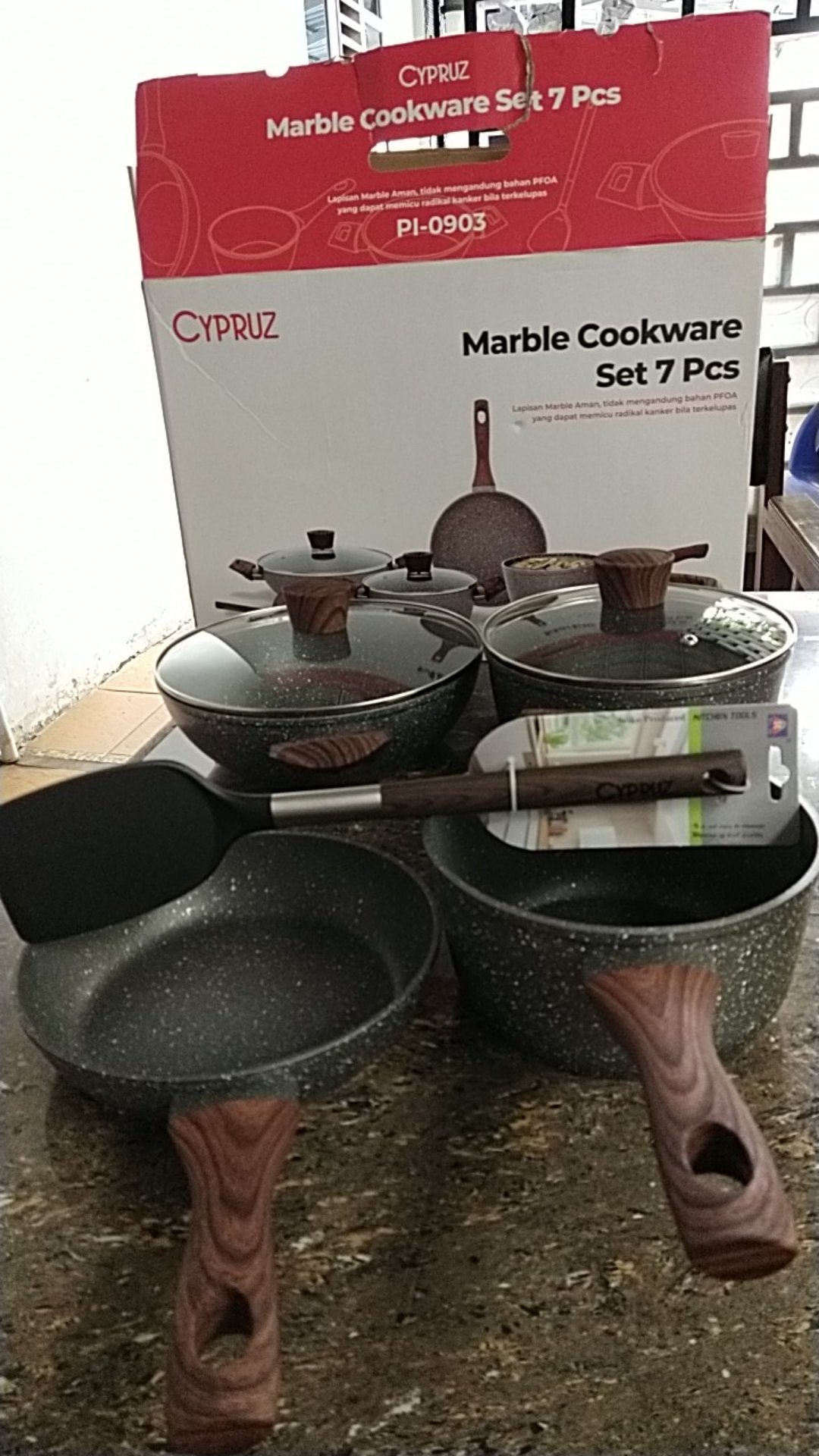 Cypruz Marble Cookware Set Of 7 Pcs | Panci Set Marble Coating Tutup Defect