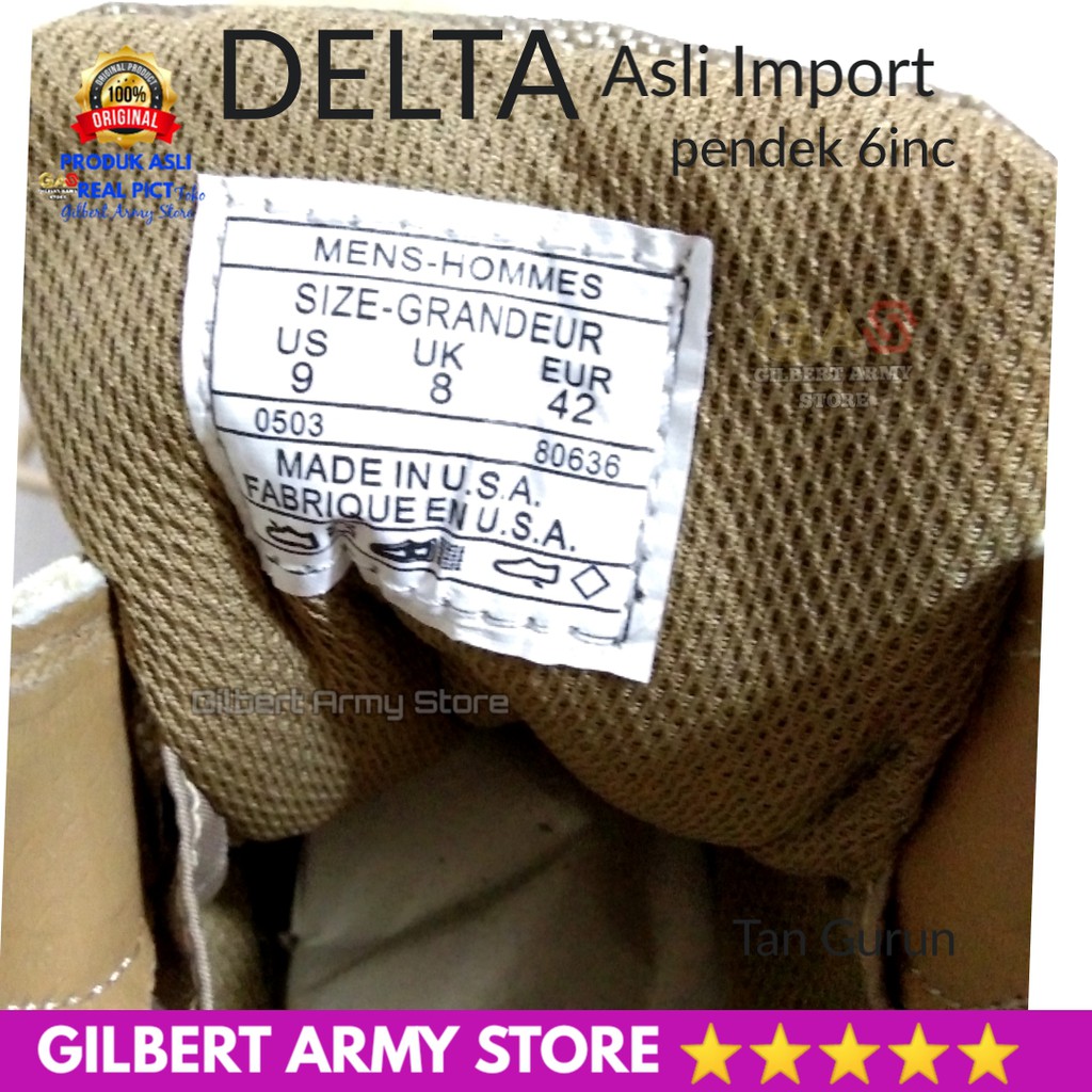 Sepatu DElta Tan Gurun Coklat Pendek 6inc Ori Impor Tactical Boots Army Murah Gilbert army Store