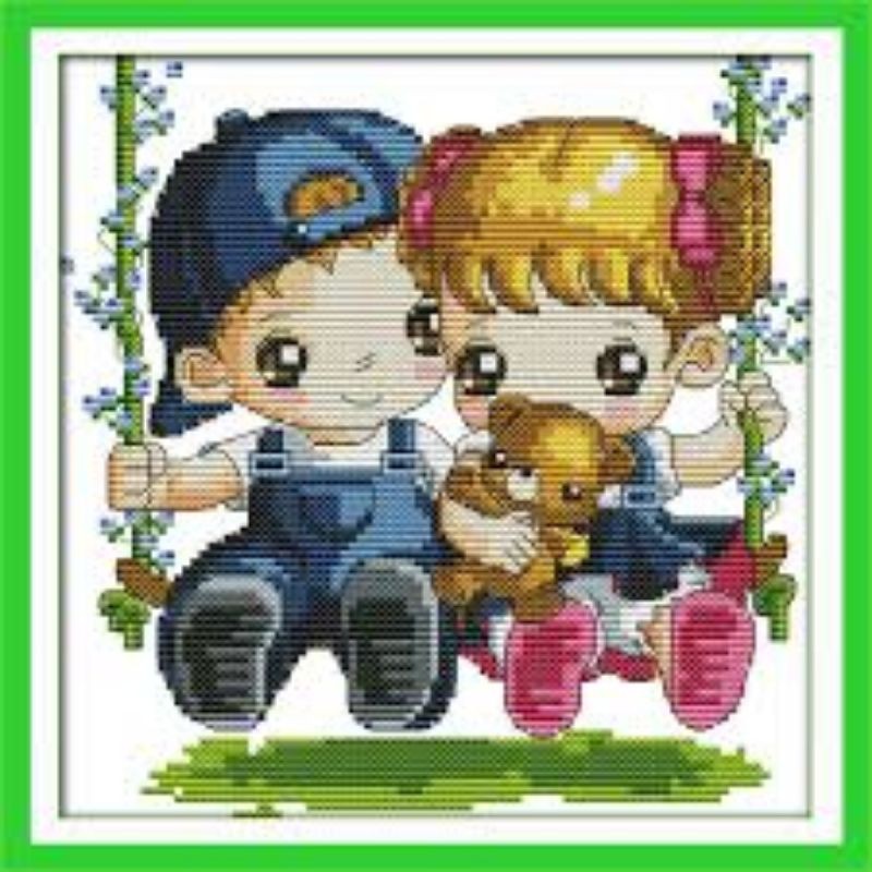 paket kristik kartun anak di ayunan pola kain cross stitch kit 14ct
