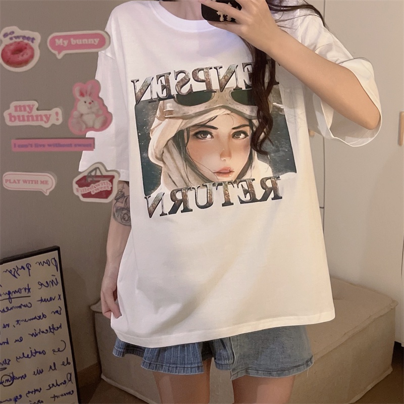 baju wanita kekinian kaos atasan wanita korean style lengan pendek oversize potret printed t shirt