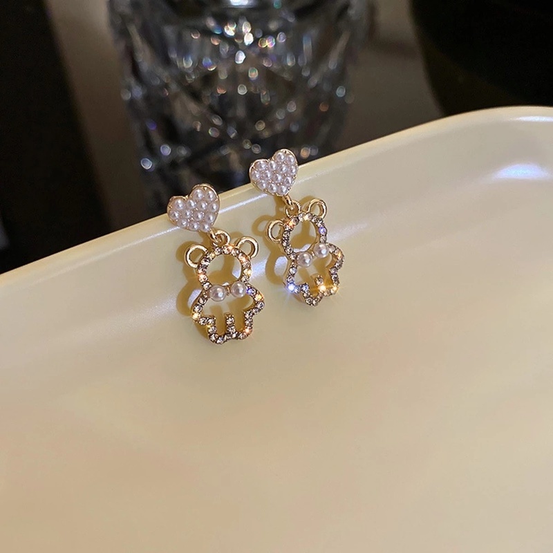 Heart Bear Anting Imitasi Mutiara Zirkon Berlian Imitasi Gadis Manis Minimalis Ear Studs Bridal Wedding Drop Elegan Perhiasan Aksesoris