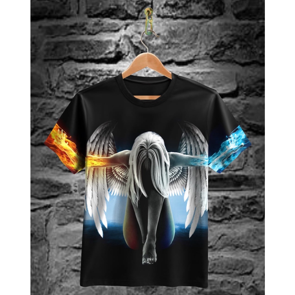 Kaos Tshirt Pria Terbaru Samurai Jepang Angel Tangan Warna Hitam Distro Lengan Pendek Motif Sablon Bergambar Keren