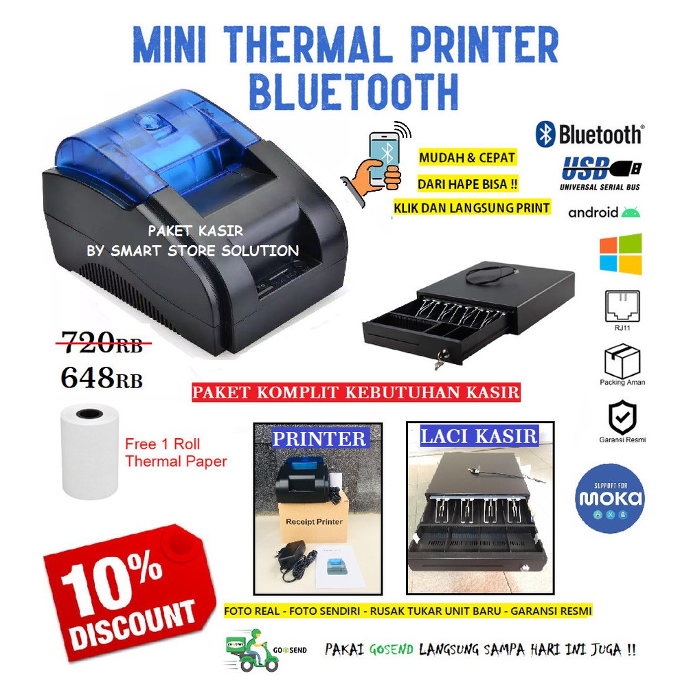 PAKET PRINTER KASIR BLUETOOTH ANDROID + LACI UANG KASIR AUTOMATIC/MANUAL [SUPPORT MOKA POS/MAJOO]