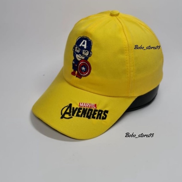 Bobo_store03 Topi Baseball Anak laki laki perempuan Karakter Superhero spiderman Tayo Boboboy hellokitty lol Usia 2 Sampai 8 Tahun Kualitas Terbaik-avengers kuning