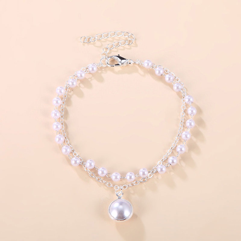 Fashion Korea Wanita Temperamen Manis Gelang Aksesoris Perhiasan Gelang Mutiara Ganda Sederhana MK-silver