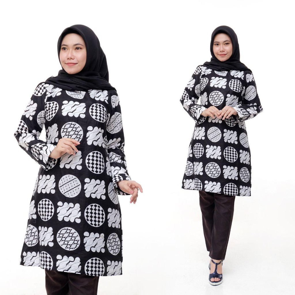 BLUS TUNIK BATIK  KOTAK CEPLOK  HITAM PUTIH   / AA /DIPUT