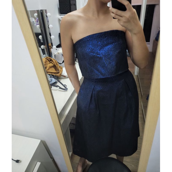 (preloved) zalora premium dress coctail midi navy blue gradasi wanita