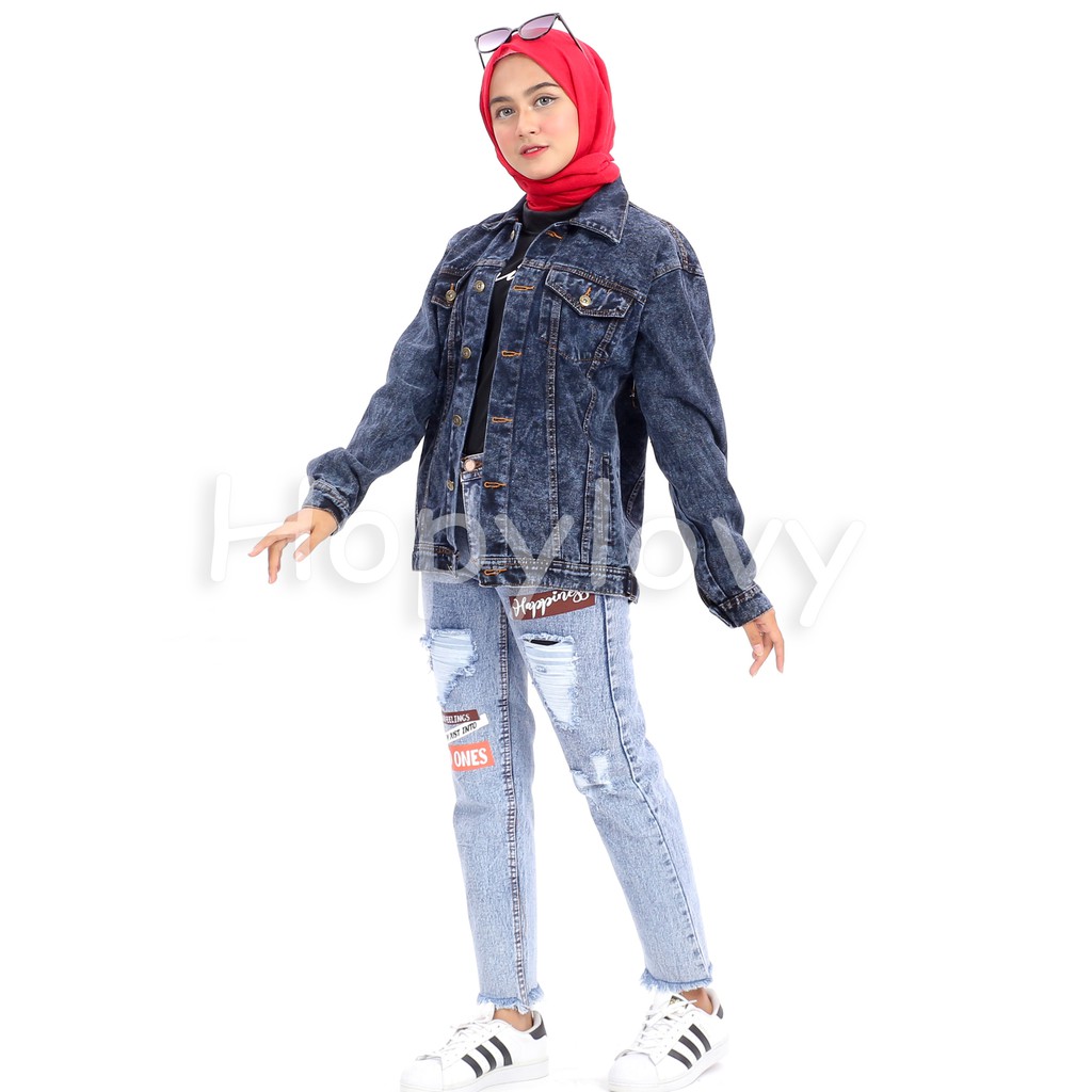 HOPYLOVY - Jaket Jeans Oversize Sanwash Ada Kantong Samping Alma