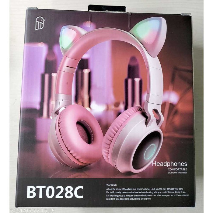 Headphone Gaming RGB LED Headset Wireless Cute Pink Kucing With Mic
