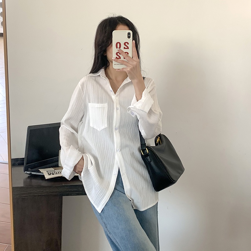 Kemeja Lengan Panjang Wanita Crinkle Shirt Putih Atasan Wanita Terbaru Blouse Import