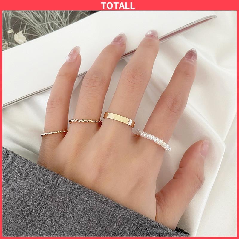 COD Korea Wanita Mutiara Cincin Wanita Emas Cincin Logam Set Fashion Perhiasan Aksesoris-Totall