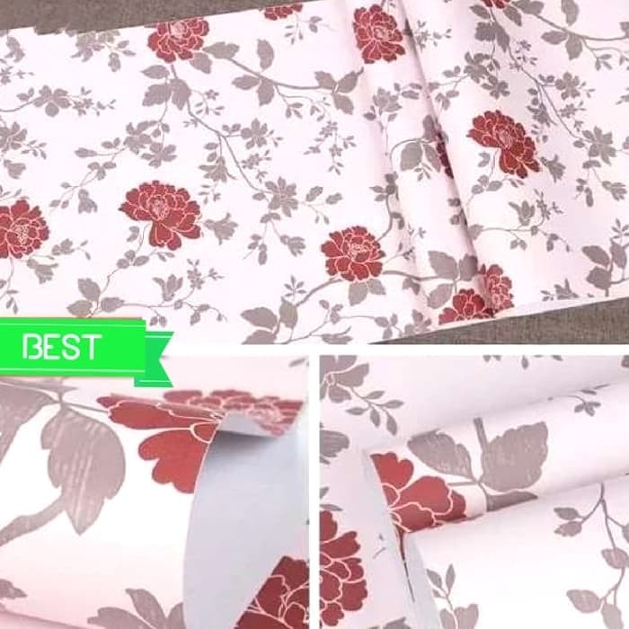 Wallpaper Dinding Motif Bunga Mawar Merah Dasar Pink Ukuran Panjang 10Meter x Lebar 45CM