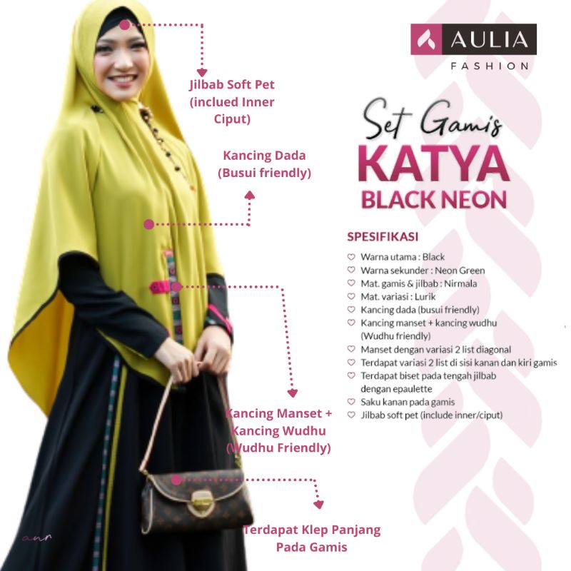 AULIA FASHION Set Gamis KATYA BLACK NEON Busana Muslim Branded Original Bahan Nirmala Variasi Lurik 