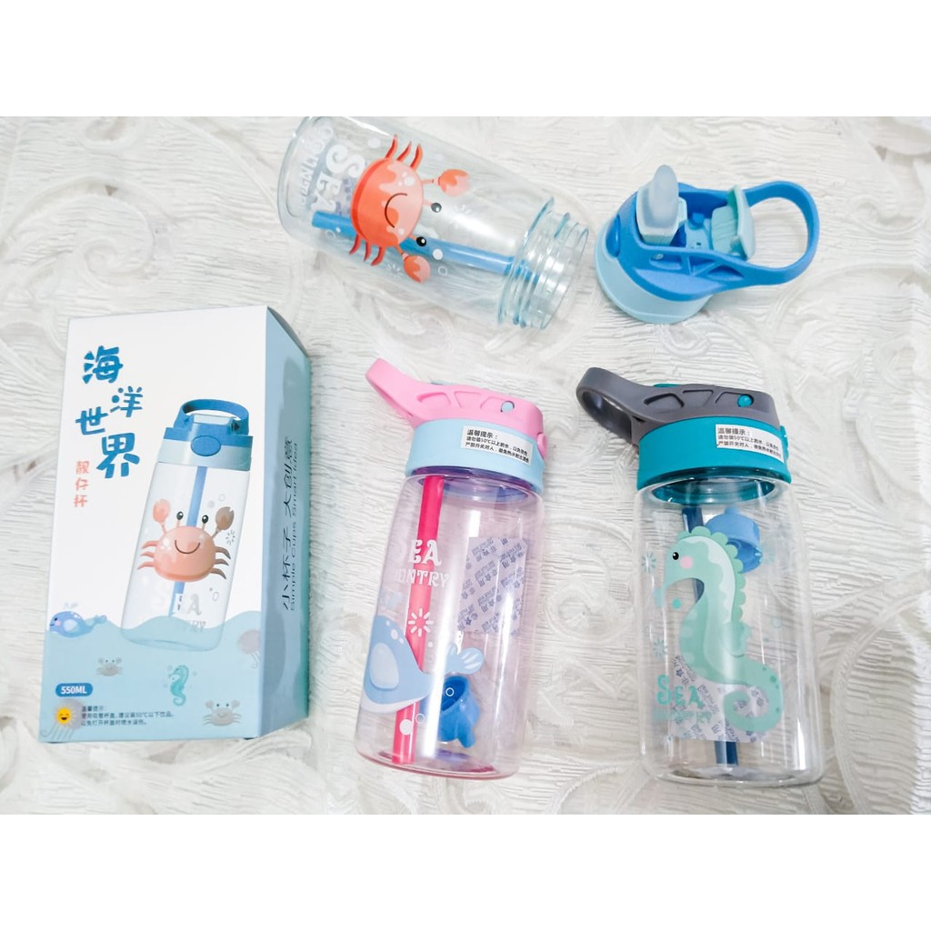 Botol Air Minum Anak Sedotan Motif Animal Sea Country 480ML - Botol Minum Animal Sea dengan Sedotan -  Botol Anak Animal - Botol Minum Animal Sea