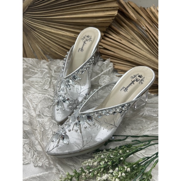 sepatu wanita wedding Nakita silver 7cm kaca