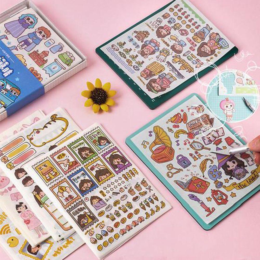 Lanfy Alat Tulis Stiker Set Kawaii 48 Pcs Dengan Graver Cutting Mat Bujo Dekorasi DIY Craft Planner Perlengkapan Sekolah Diary Scrapbooking Stickers