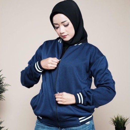 Jaket Baseball Polos Resleting Pria Wanita Bahan Tebal