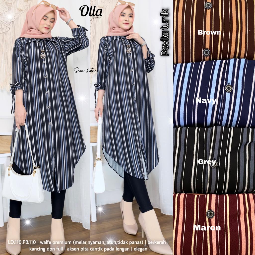 Atasan Tunik Dewasa Motif Salur Tunik JUMBO LD 110 cm Busui Kancing Depan PEVITA TUNIK