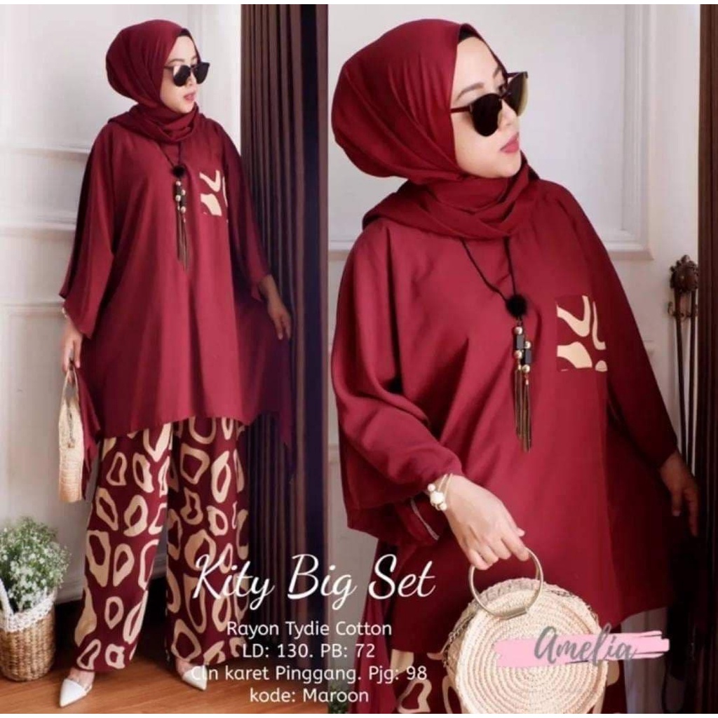 One Set Kity - One Set Jumbo Rayon Tie Dye Premium Waka Waka Setelan Wanita Celana Panjang Set Bigsize LD 140 cm