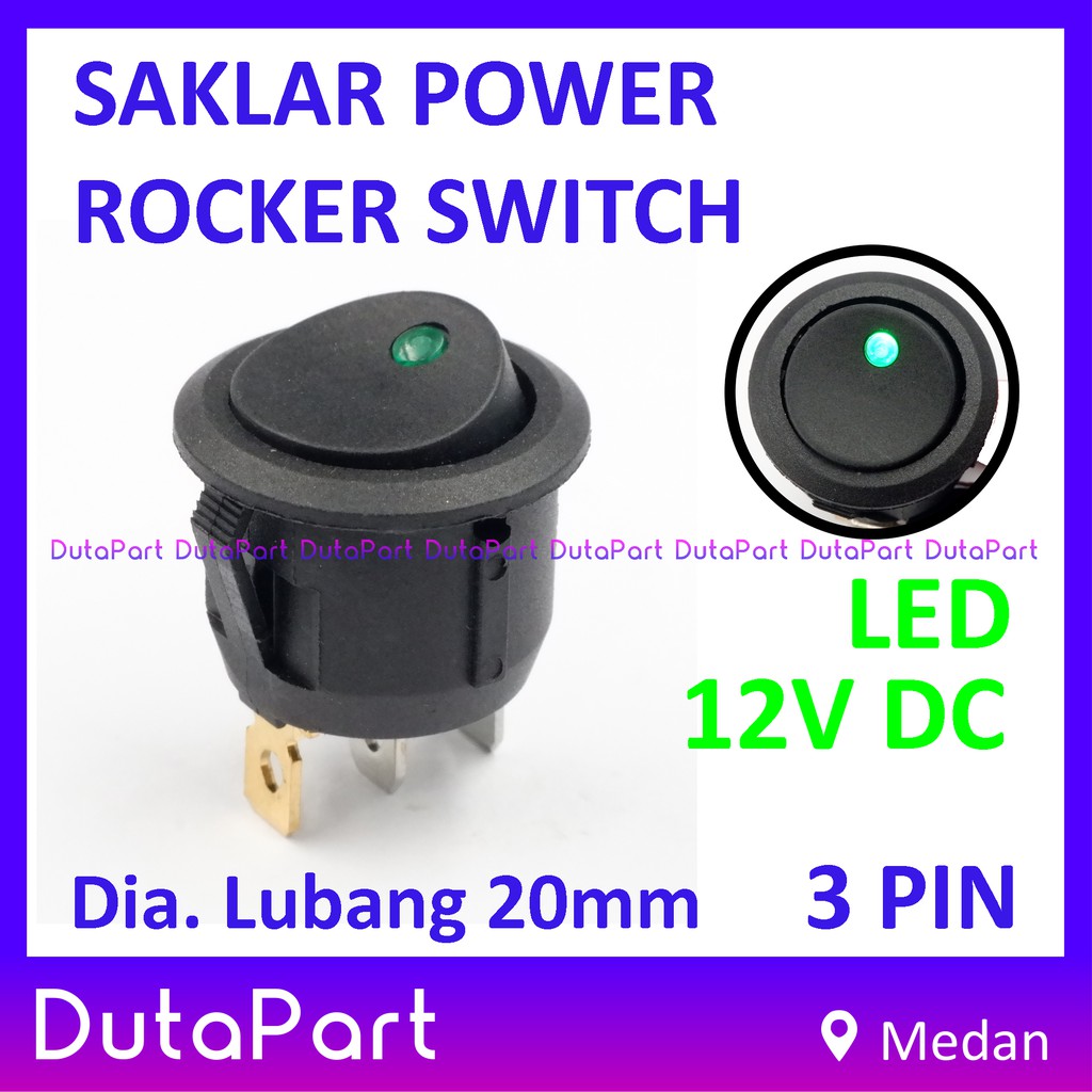 Saklar Power Bulat Rocker Switch LAMPU LED HIJAU 12V ON OFF 3 PIN Kaki