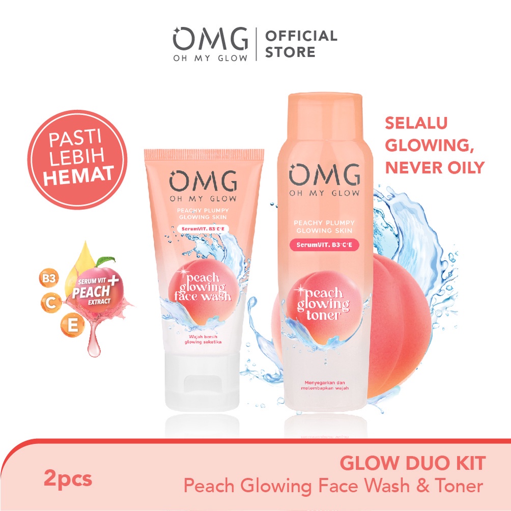 OMG Oh My Glow Duo (Peach Glowing Face Wash &amp; Toner) - Toner Multifungsi dan Sabun Cuci Muka Untuk Wajah Lebih Cerah GIRLSNEED77