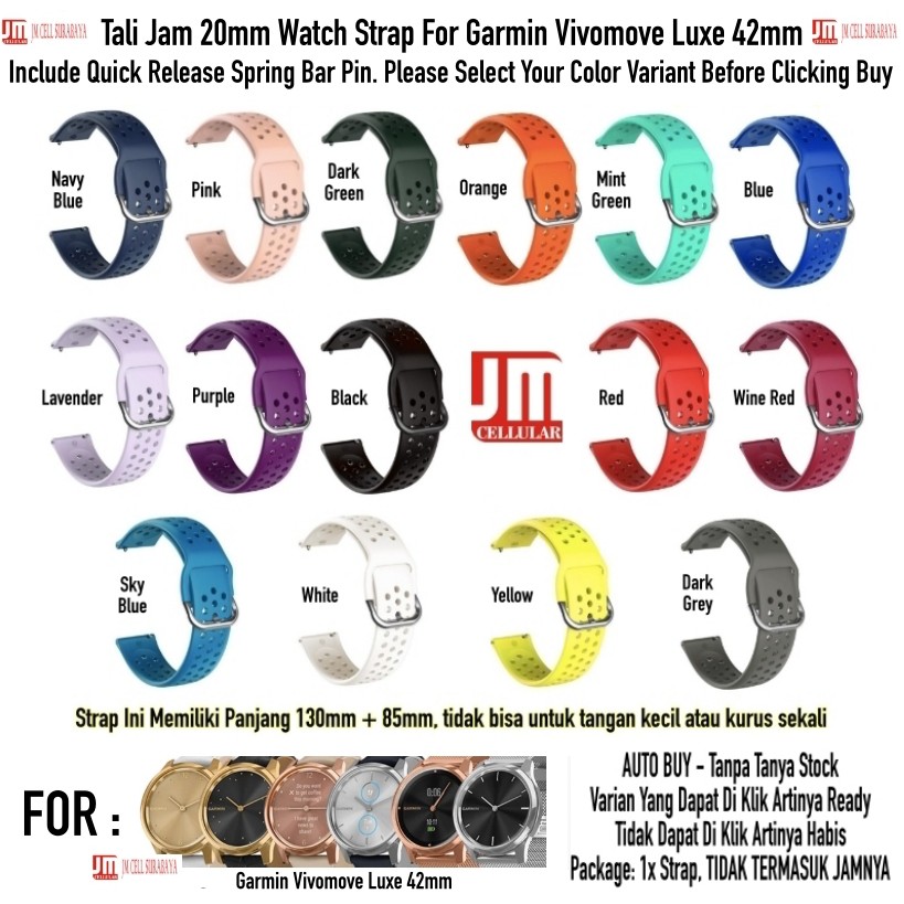 R33 Tali Jam 20mm Watch Strap Garmin Vivomove Luxe 42mm - Sport Rubber Silikon Size Large