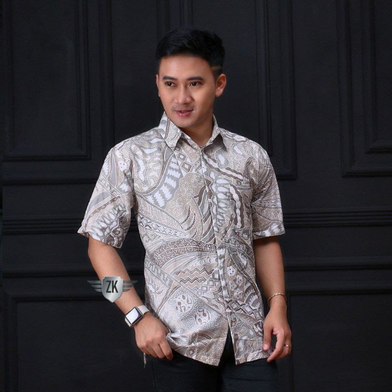 BATIK PRIA LENGAN PENDEK-HEM BATIK PRIA-HEM PENDEK CREAM-BATIK MODERN-BAJU BATIK PRIA