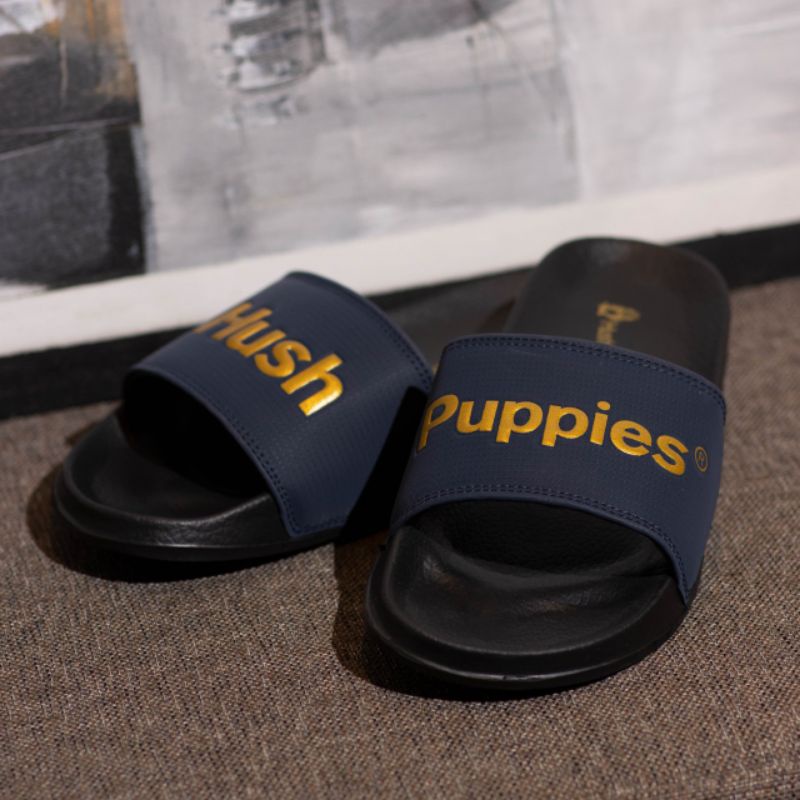 Sanda Hush Puppies Navy Gold Big Text Sandal Slide Pria