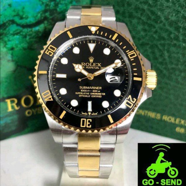 Jam Pria Rolex Submariner Gold Black Automatic Steel Clone Japan